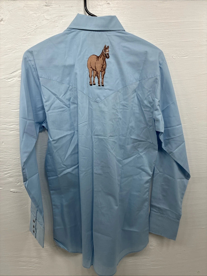 New Men’s ELY Wildlife Blue Horse Embroidered Long Sleeve Pearl Snap Small M-33
