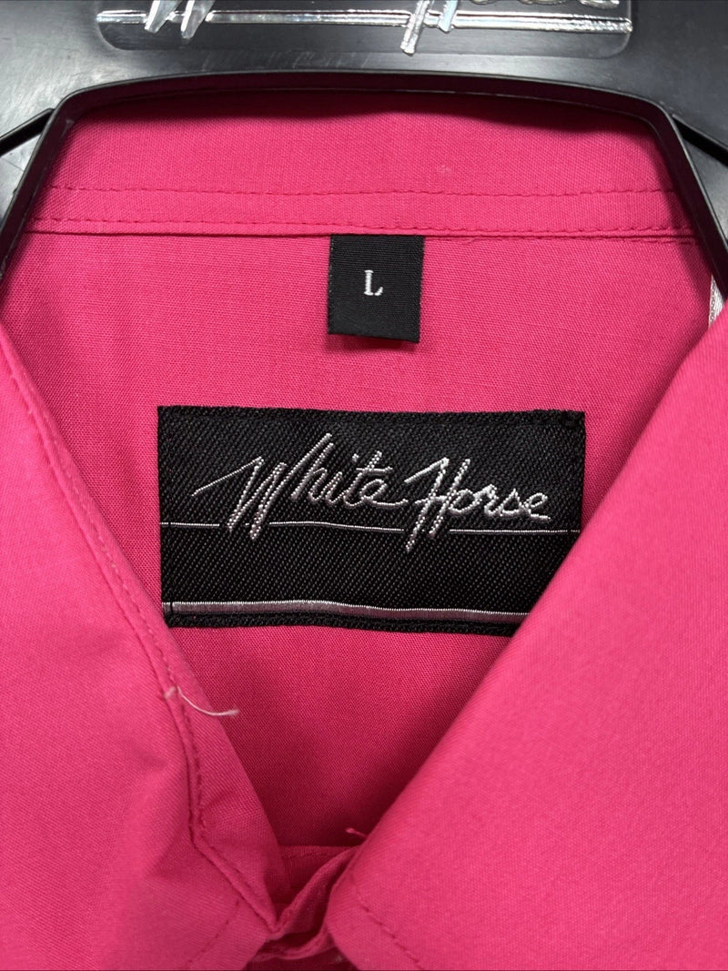 New Men’s White Horse Pink Simple Long Sleeve Pearl Snap Large Q-18