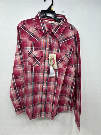 New Women’s Cumberland Pink Plaid Long Sleeve Pearl Snap Large GG-28