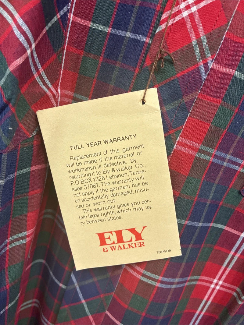 New Men’s ELY Plains Red Blue Plaid Long Sleeve Pearl Snap 17 XL T-87