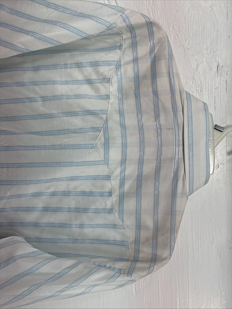 New Womens White Horse White Blue Stripe Long Sleeve Pearl Snap Large V-69