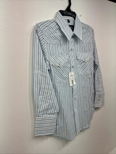 New Kids White Horse Blue Stripe Long Sleeve Pearl Snap Medium DD-75