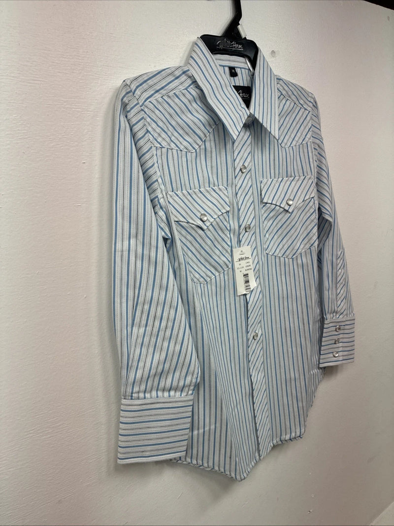 New Kids White Horse Blue Stripe Long Sleeve Pearl Snap Medium DD-75