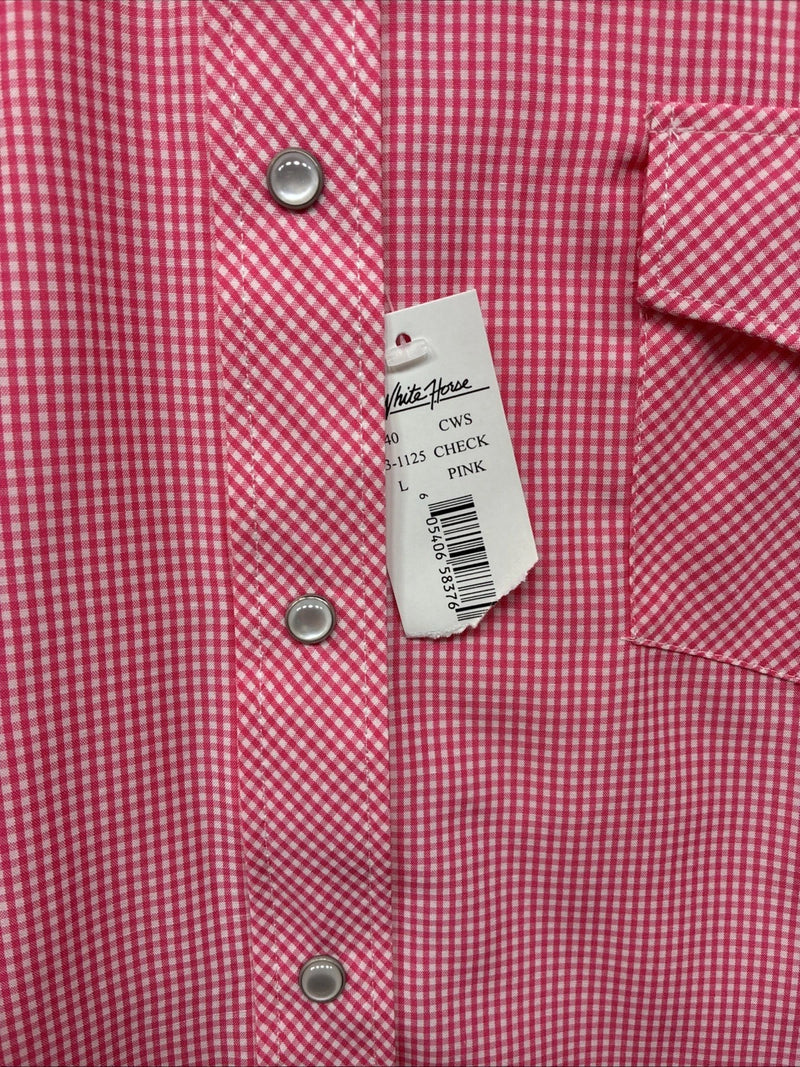 New Women’s White Horse Pink Checker Short Sleeve Pearl Snap Large KK-122