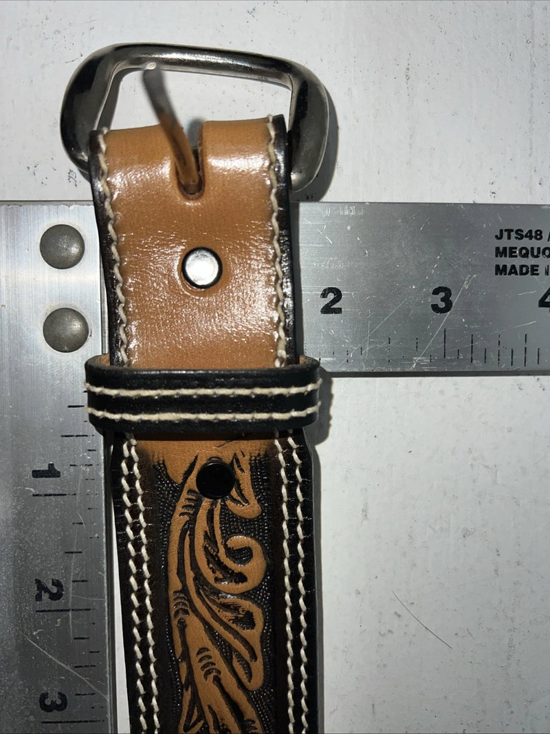 New Brown Black Perkies Hand Tooled Genuine Leather Belt 30” #7512 W-11