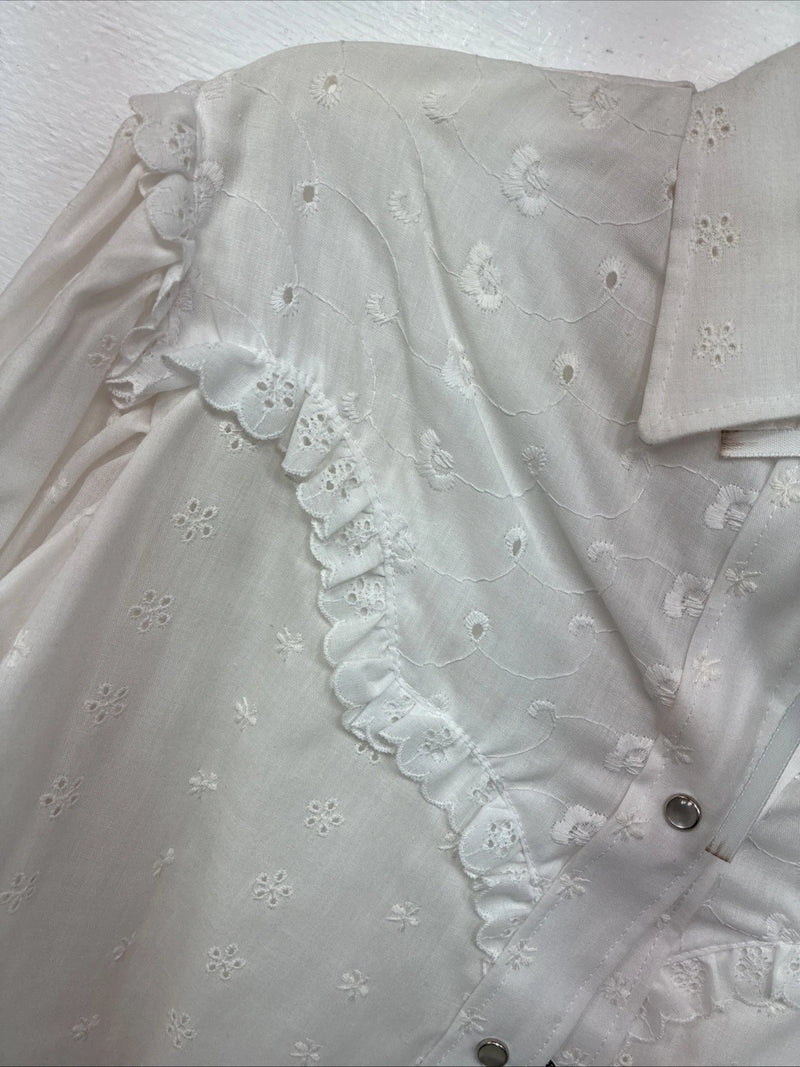 New Women’s Miss Rodeo White Deign Long Sleeve Pearl Snap 15 Large II-50