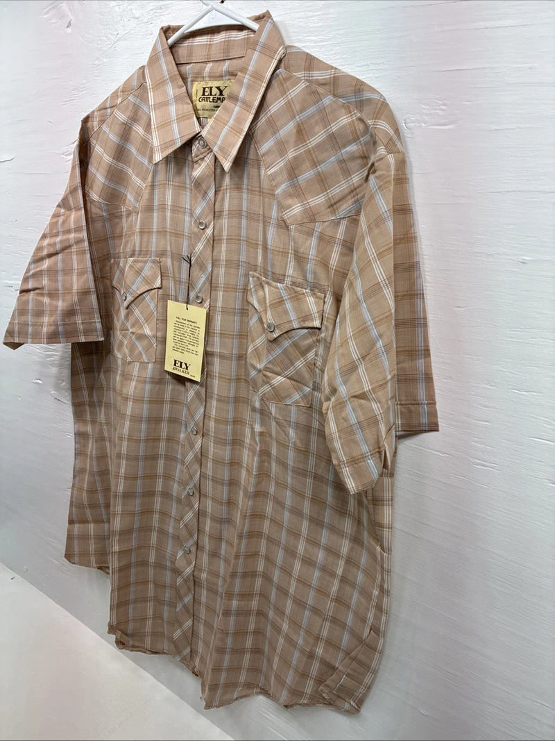 New Men’s ELY Cattleman Tan Plaid Short Sleeve Pearl Snap XL R-62