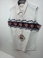 New Women’s Cumberland White Flag Design Short Sleeve Pearl Snap Medium LL-84
