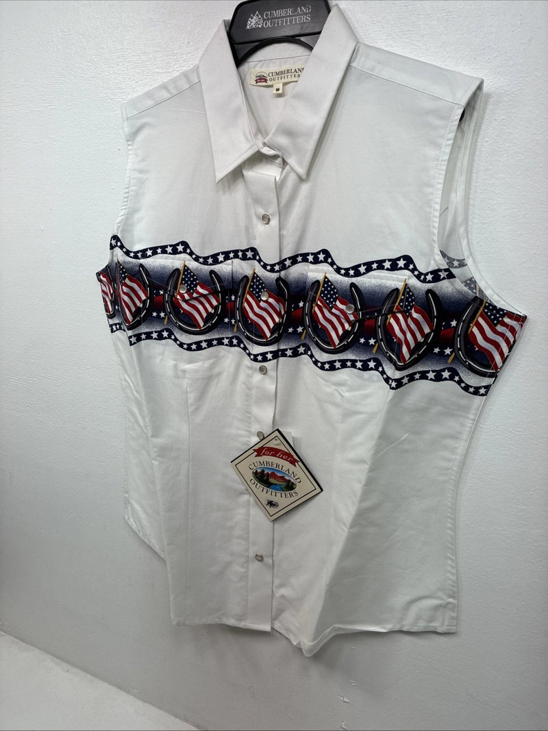 New Women’s Cumberland White Flag Design Short Sleeve Pearl Snap Medium LL-84
