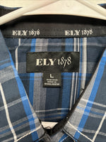 New Men’s ELY 1878 Blue Gray Plaid Short Sleeve Pearl Snap Large X-45