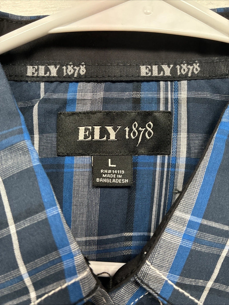 New Men’s ELY 1878 Blue Gray Plaid Short Sleeve Pearl Snap Large X-45