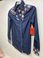 New Women’s Lady DJ Blue Designed Long Sleeve Pearl Snap Size 30 TT-111