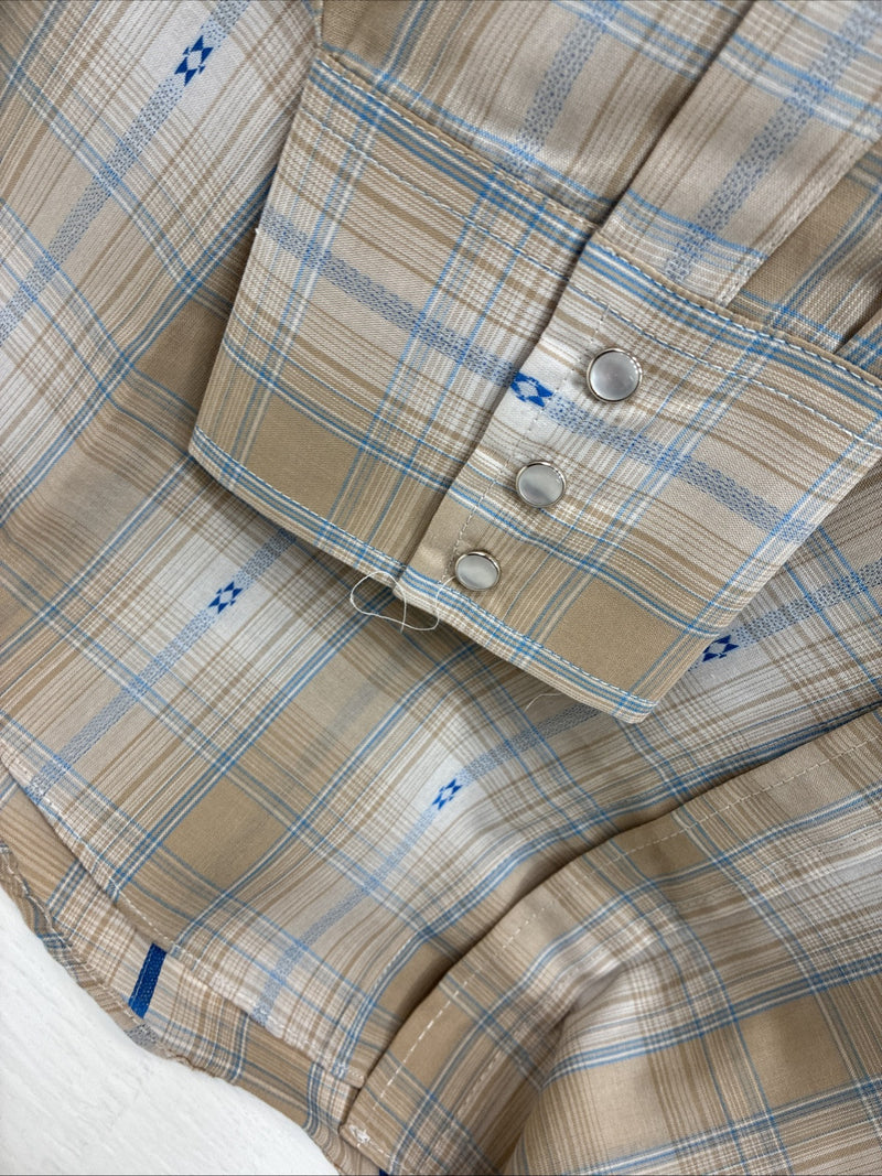 New Men’s ELY Cattleman Beige Flannel Design Long Sleeve Pearl Snap 2XL F-91