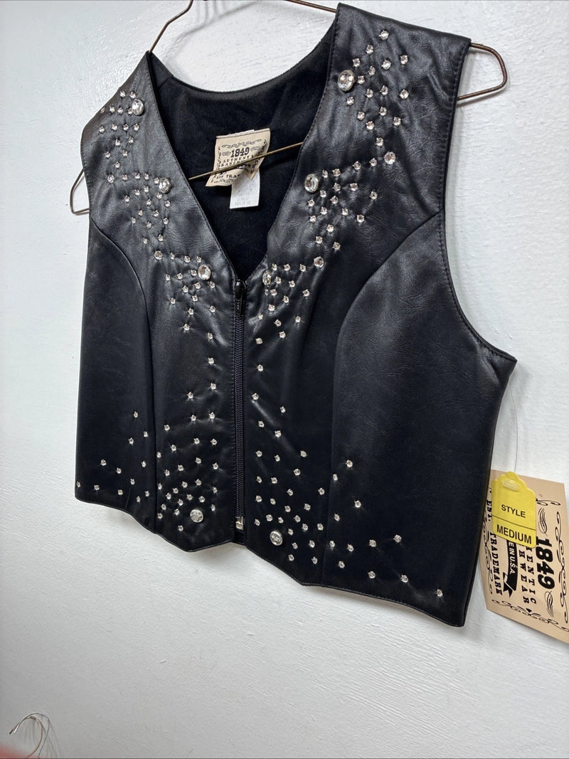 New Women’s 1848 RanchWear Black Rhinestone Sleeveless Vest Zip Up Medium YY-39