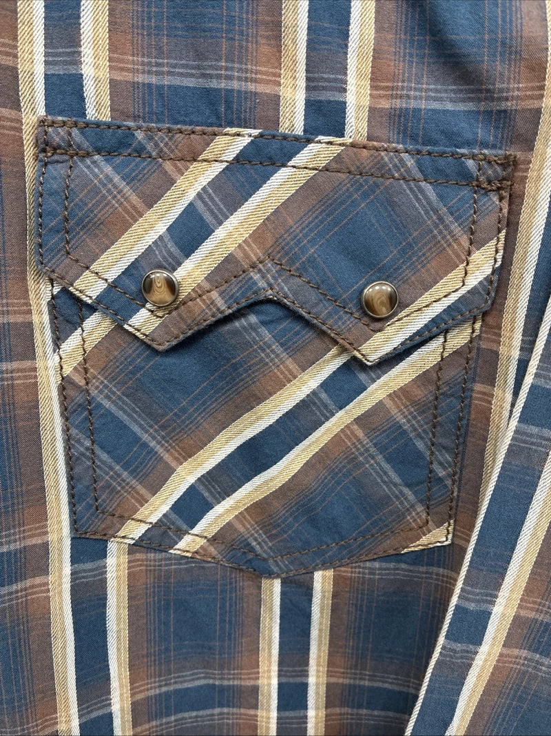 New Men’s ELY 1878 Blue Brown Plaid Long Sleeve Pearl Snap Medium J-89