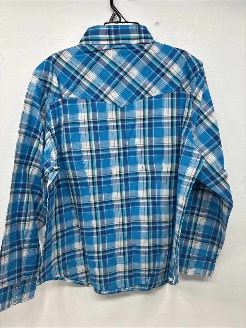 New Women’s Cumberland Blue Plaid Long Sleeve Pearl Snap XL GG-63