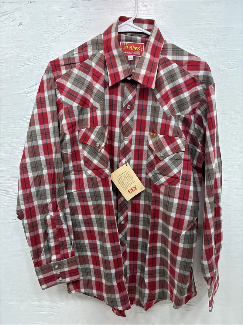 New Men’s ELY Plains Red Plaid Long Sleeve Pearl Snap 16.5 X 34 Large CC-71