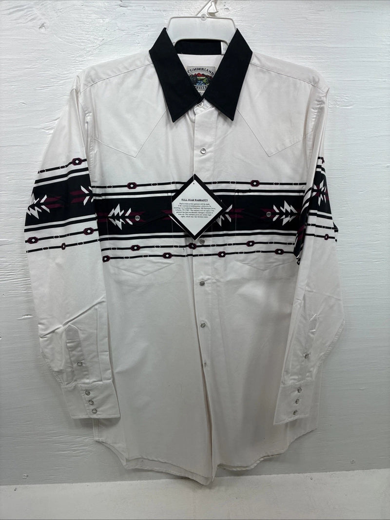 New Men’s Cumberland White Purple design Long Sleeve Pearl Snap Large AA-57
