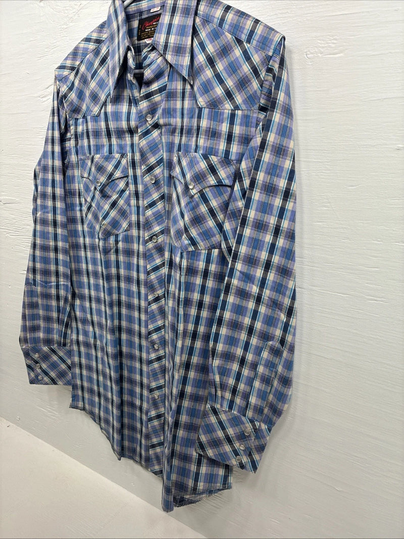 Me end Champion Westerns Purple Plaid Long Sleeve Pearl Snap 14.5 Small R-35