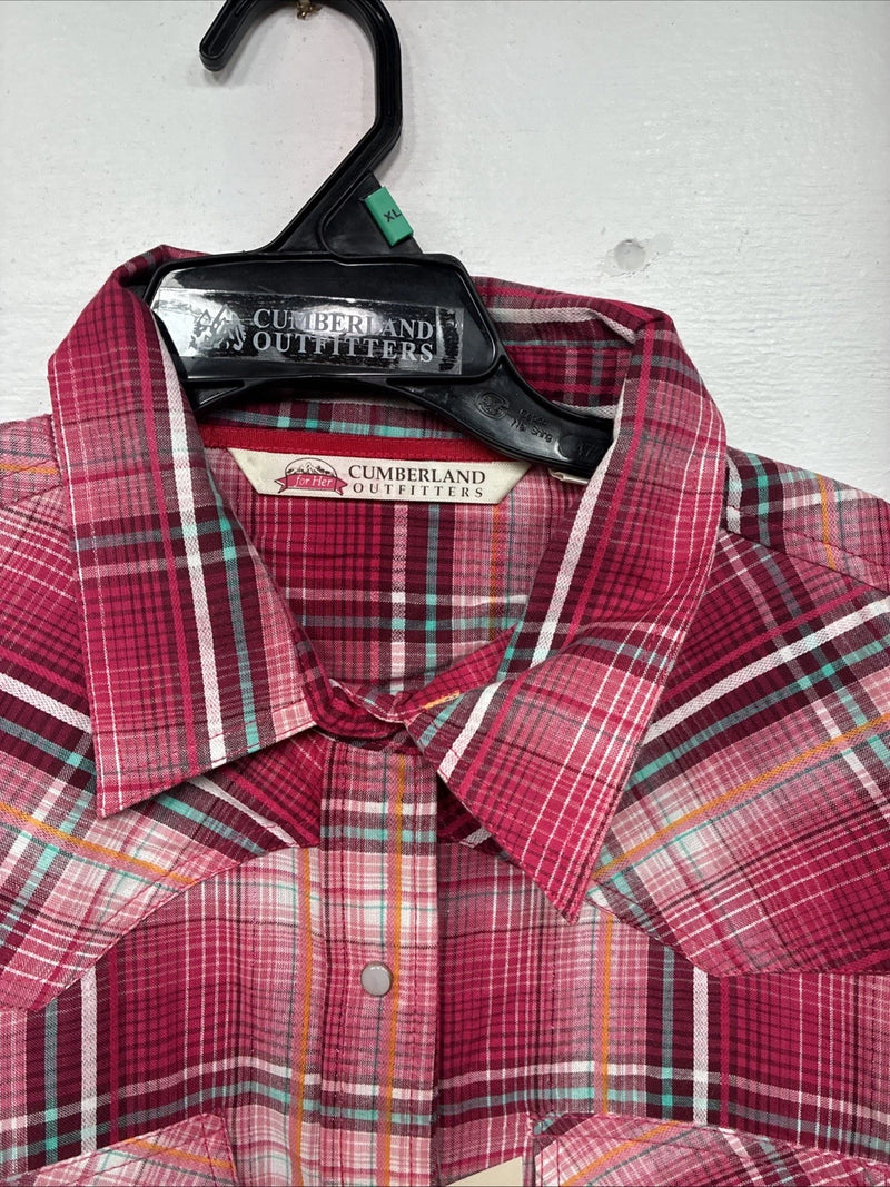 New Women’s Cumberland Pink Plaid Long Sleeve Pearl Snap XL II-14