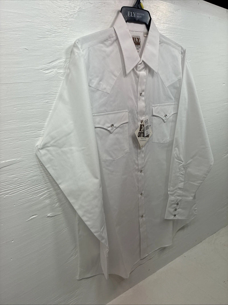 New Men’s ELY Cattleman White Long Sleeve Pearl Snap 16.5 X 34 Large V-116