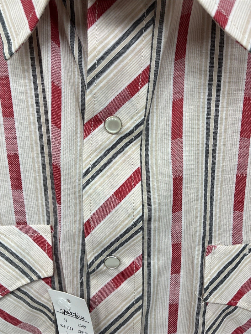 New Women’s White Horse Red White Stripe Short Sleeve Pearl Snap Large YY-116