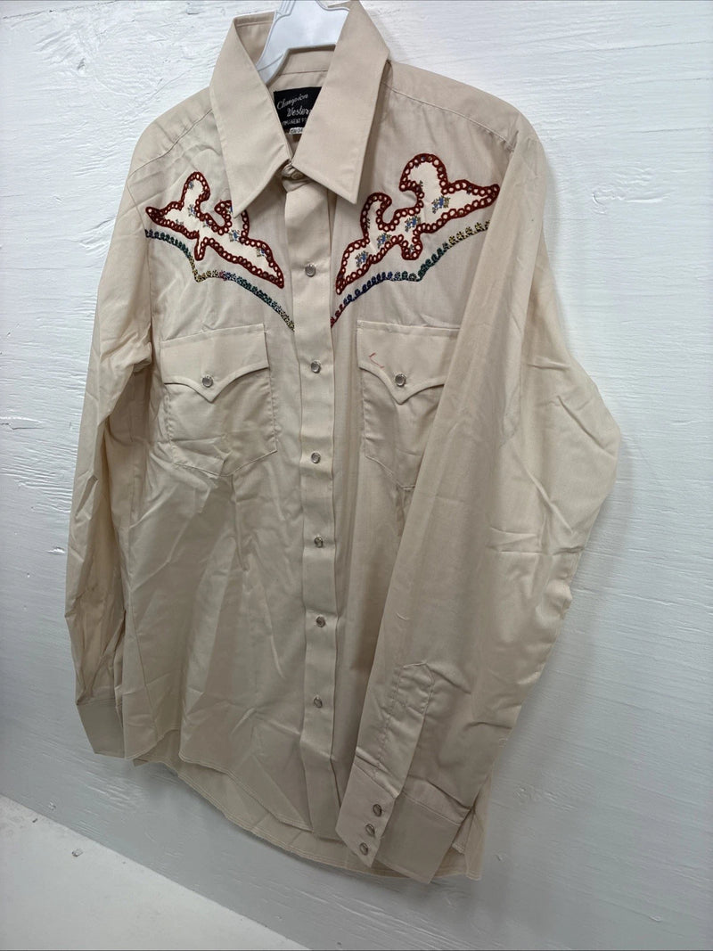New Men’s Champion Western Tan Design Long Sleeve Pearl Snap Medium J-77