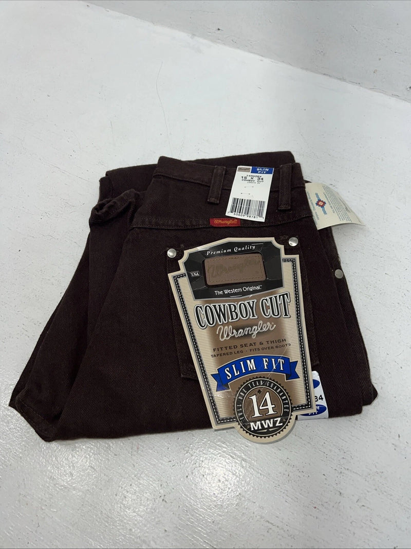 New Men’s Brown Cowboy Cut Wrangler Slim Fit Denim Jeans. 15x34 F-33