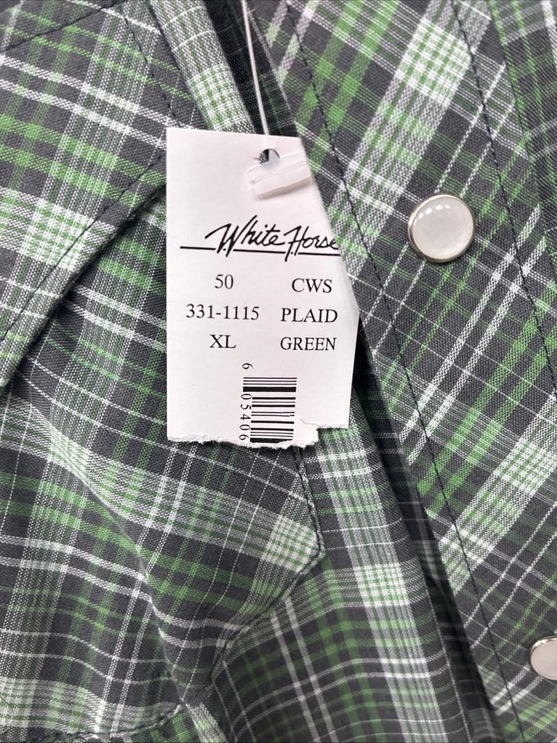 New Kids White Horse Green Plaid Long Sleeve Pearl Snap XL DD-59 
