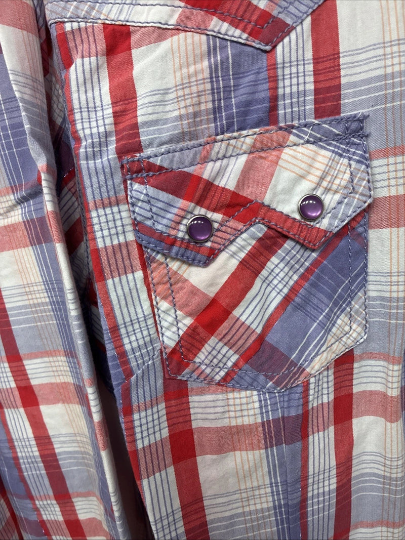 New Women’s Cumberland Pink Purple Plaid Long Sleeve Pearl Snap Medium LL-47