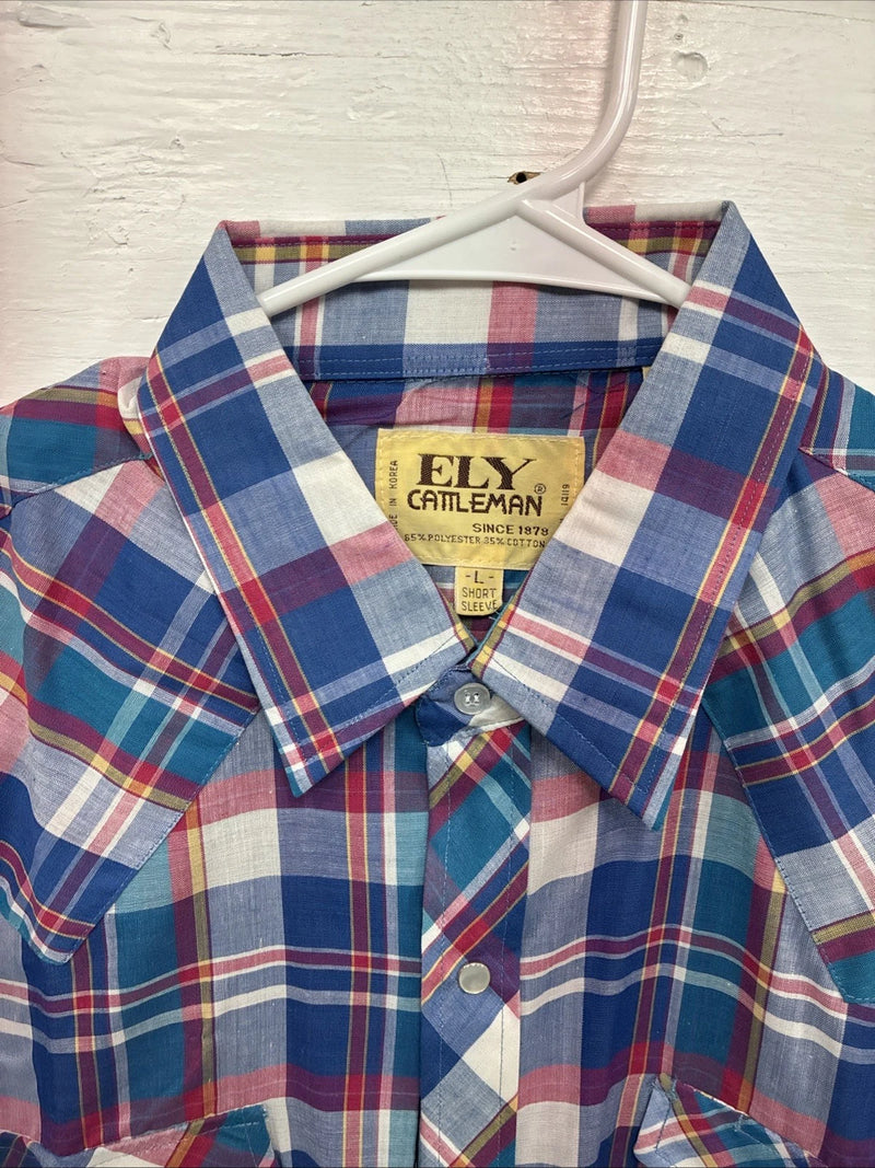 New Men’s ELY Cattleman Purple Plaid Long Sleeve Pearl Snap Large X-35