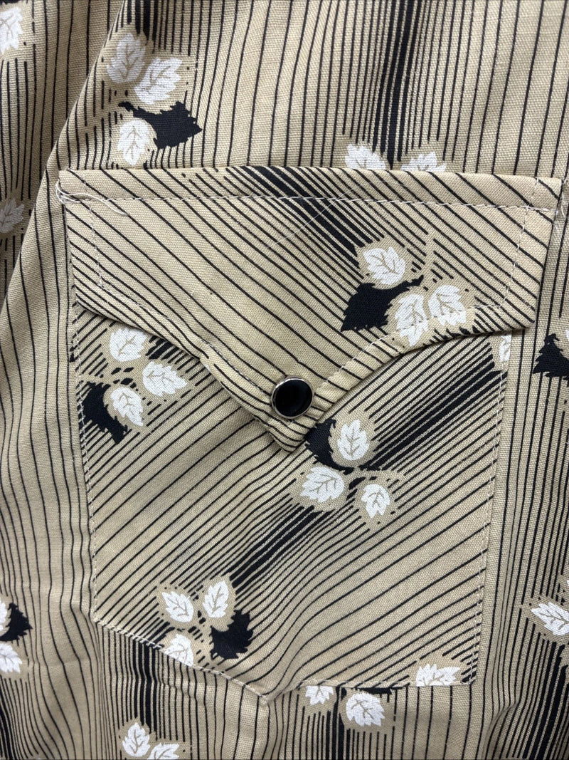 New Men’s ELY Plains Tan Black Floral Long Sleeve Pearl Snap 16 X 36 Large X-64
