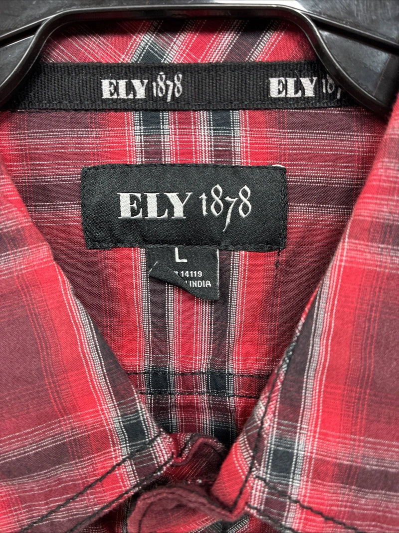 New Men’s ELY 1878 Red Black Plaid Long Sleeve Pearl Snap Large Q-69