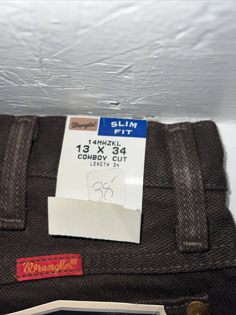 New Men’s Cowboy Cut Slim Fit Brown Denim Wrangler Jeans. 13x34 F-30