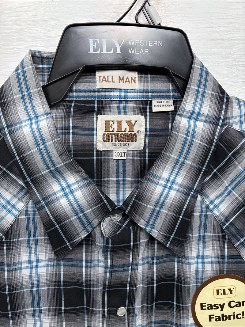 New Men’s ELY Cattleman Grey Black Long Sleeve Pearl Snap 3XL E-39