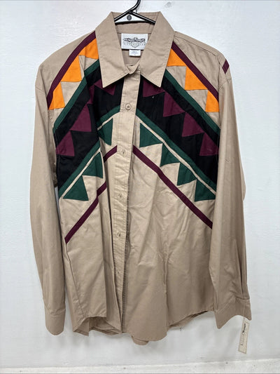 New Women’s San Angelo Brown Designed Long Sleeve Button Up Large TT-79