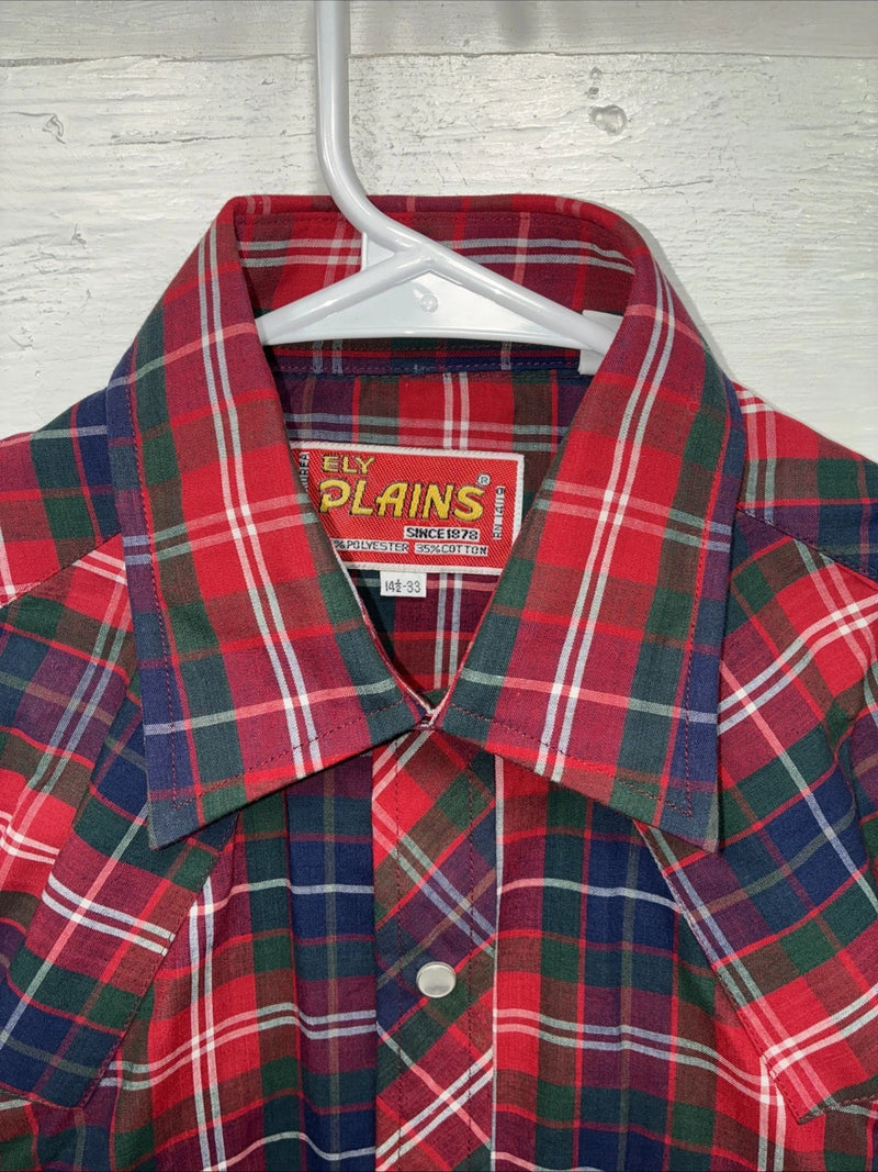 New Men’s ELY Plains Red Plaid Long Sleeve Pearl Snap 14.5 X 33 Small AA-92