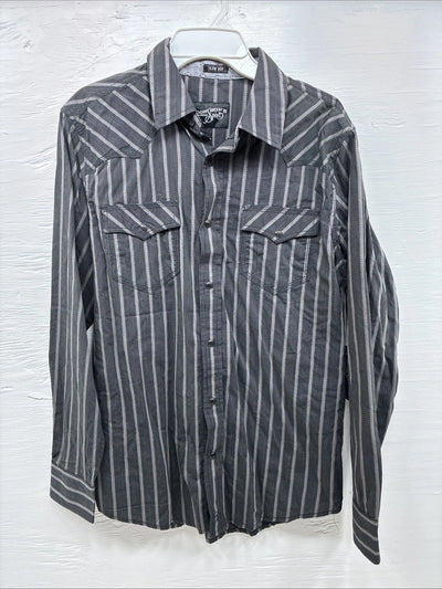 New Men’s Moonshine Spirit Gray Stripe Long Sleeve Pearl Snap Medium K-71