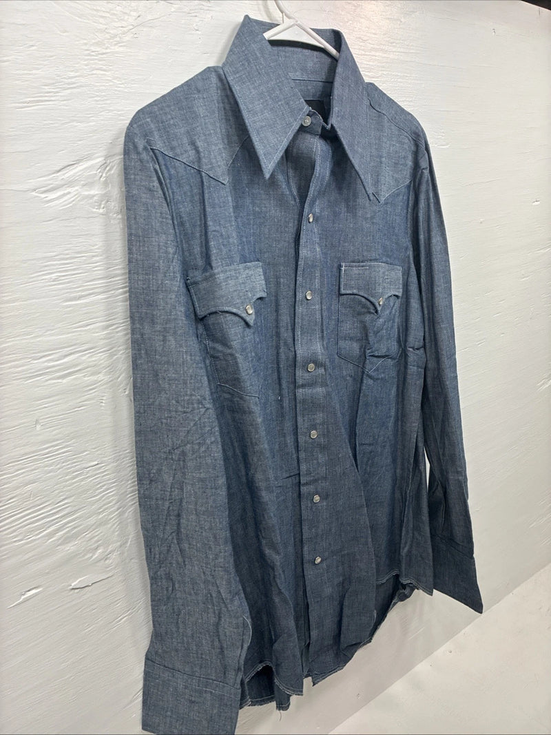 New Men’s Champion Western Jean Design Blue Long Sleeve Pearl Snap Medium M-29