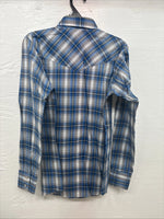 New Kids ELY Cattleman Blue Plaid Long Sleeve Pearl Snap Size 14 DD-39