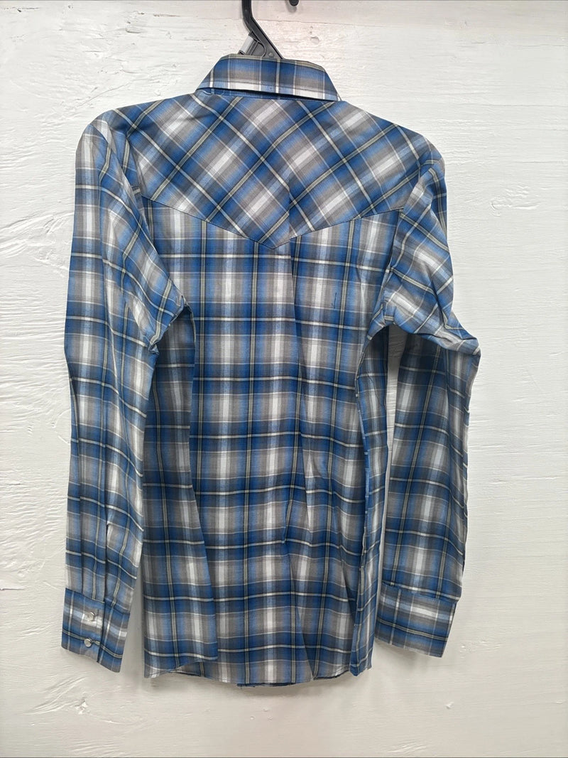 New Kids ELY Cattleman Blue Plaid Long Sleeve Pearl Snap Size 14 DD-39