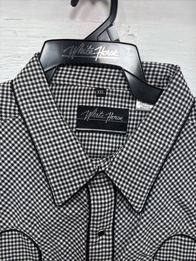 New Men’s White Horse Black White Checker Long Sleeve Pearl Snap 2XL F-102