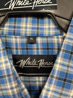 New Men’s White Horse Blue Plaid Long Sleeve Pearl Snap XL O-43