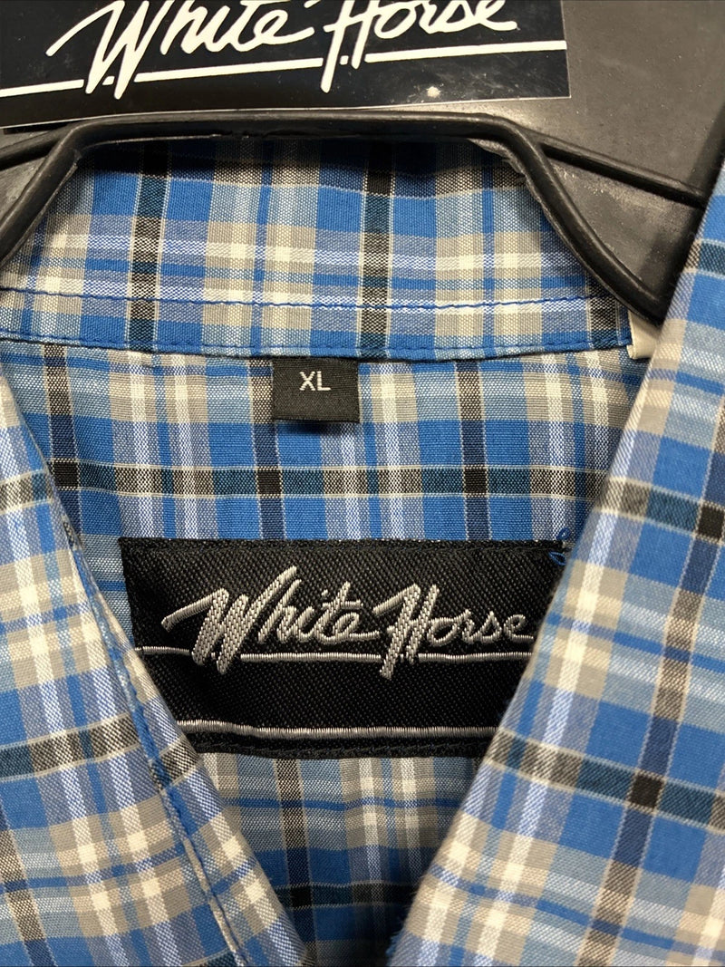 New Men’s White Horse Blue Plaid Long Sleeve Pearl Snap XL O-43