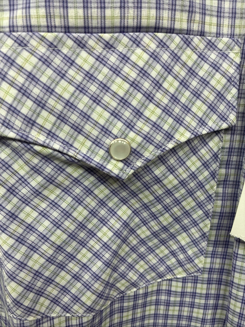 New Men’s White Horse Purple Plaid Long Sleeve Pearl Snap XL M-70