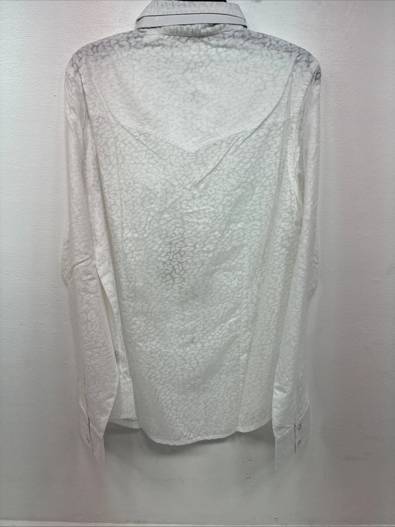 New Women’s Cumberland White Cheetah Print Long Sleeve Pearl Snap Large GG-82