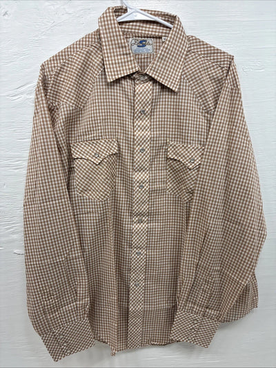 New Men’s Circle S Brown White Checkered Long Sleeve Pearl Snap XL R-14