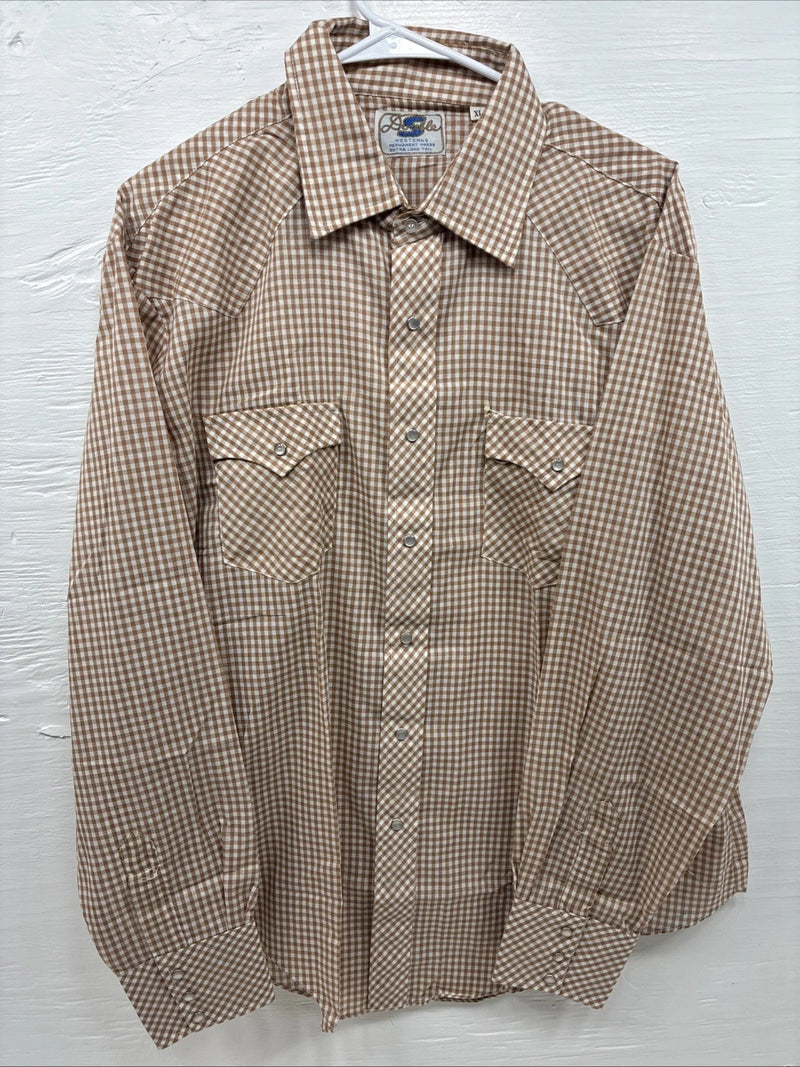 New Men’s Circle S Brown White Checkered Long Sleeve Pearl Snap XL R-14