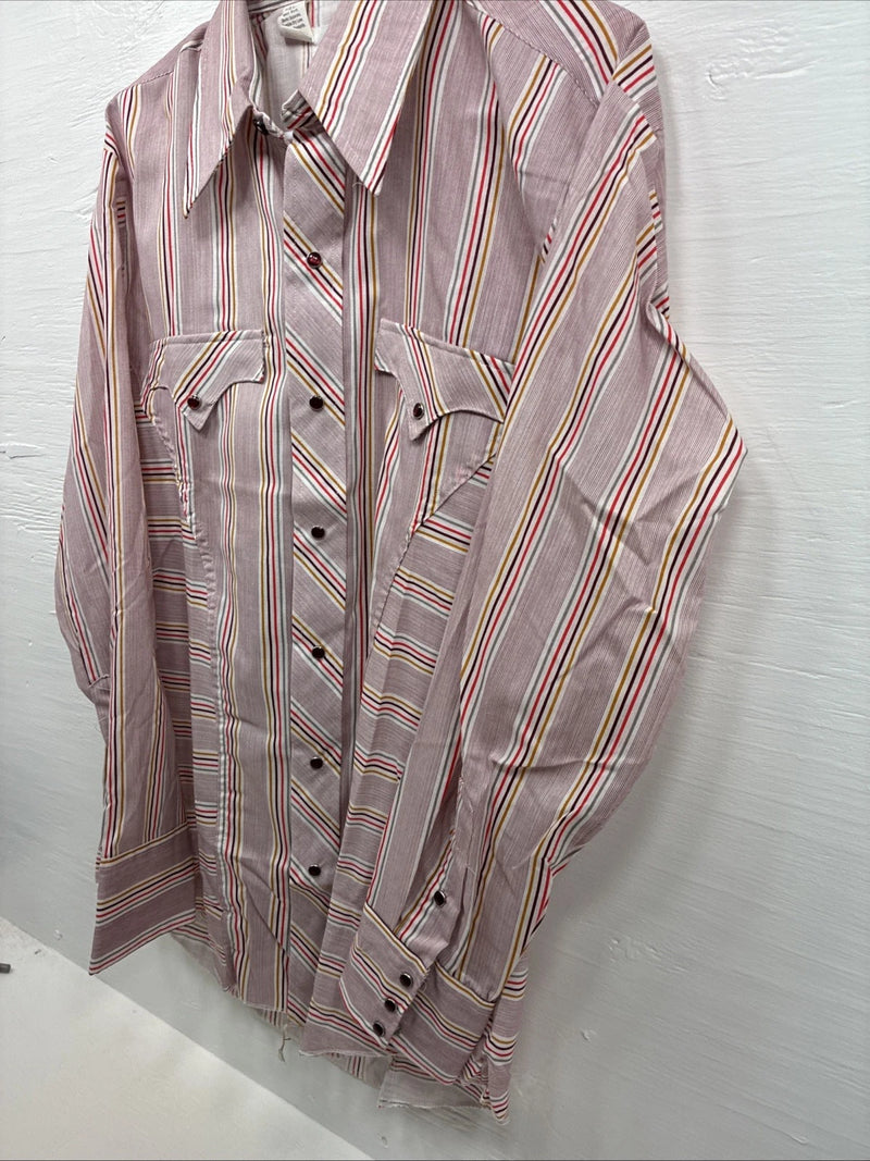 Me Mens Tem Tex Pink Multicolor Stripe Long Sleeve Pearl Snap 16 Large O-45