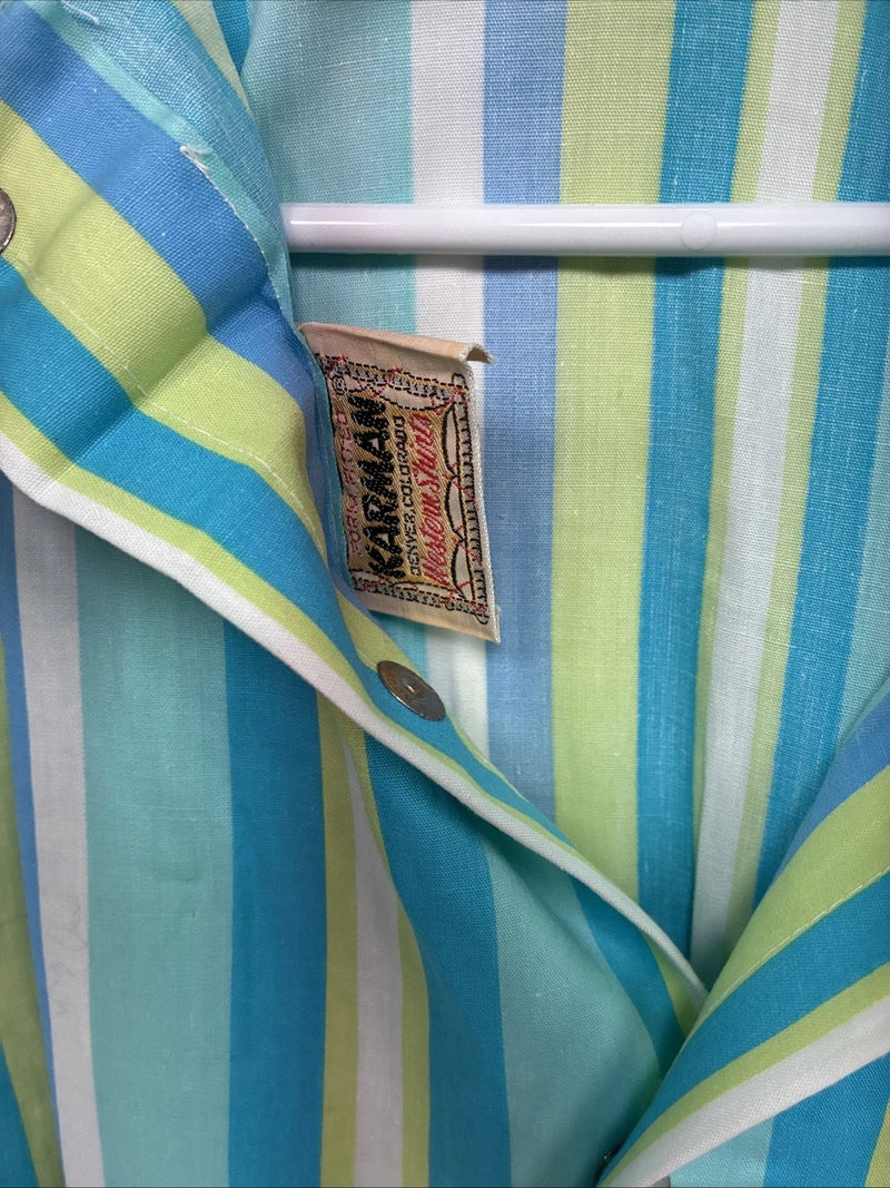 New Women’s Karman Blue Green Stripe Long Sleeve Pearl Snap Medium TT-59